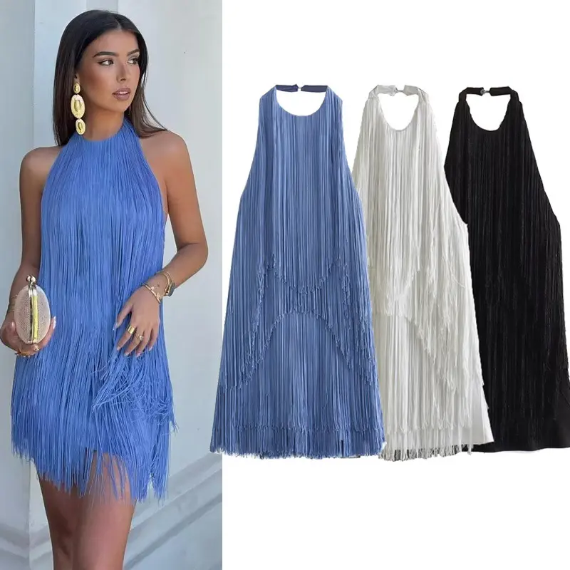 Women's Summer Elegant Hanging Neck Sleeveless Tassel Short Dress - Womens Dresses for Party, Tea Break Occasions (Short Skirt Design)