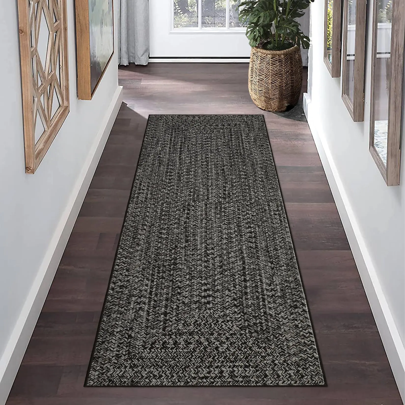 Garvee Long Runner Rug 2x8 Modern Braided Print Runner Rug With Non-Slip Backing Stain Resistant Indoor Carpet Low Pile Floor Cover For Kitchen Hallway Laundry Entryway,Grey/Brown