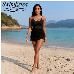 Briza｜Black Mesh High Waisted Bikini for Women Asymmetric Bandeau Two Piece Swimsuit Push Up Bathing Suit with Cover Up Swimwear Set for Vacation Beach Resort Summer Pool Cruise Fancy Glam Look, Women's Swimwear, Bathing Suit for Women