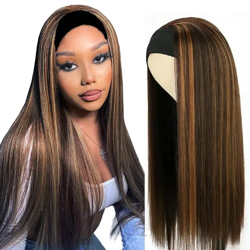 ZIHAN Black Women's Silky Top Glueless Straight Headband Wig - 24in Synthetic Smooth Wig, 4/27 Blonde Highlights, 180% Density, No Lace Front, Easy Wear for Wedding, Hair Wig, Synthetic Soft Wigs