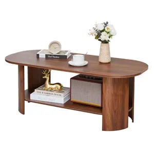 Giratree 43.3"W (110cm) Oval Coffee Table, Farmhouse Wood 2-Tier Center Table with Storage Shelf, Low Tea Table for Small Space Living Room/Home/Office