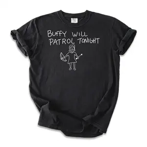 Women's Ribbed Oversized Short-Sleeve Round Neck Cotton T-Shirt - Buffy "Will Patrol Tonight" Retro Funny Graphic Tee, Casual Unisex Streetwear Gift (020506)