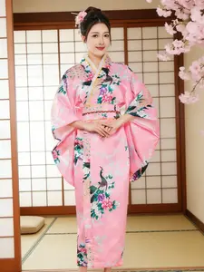 Pink Peacock Floral Satin Kimono Maxi Dress Kawaii Aesthetic Harajuku Traditional Japanese Yukata Obi Belt Set for Sakura Season Festival Wear Formal Events Wedding Guest Cosplay & Photoshoot