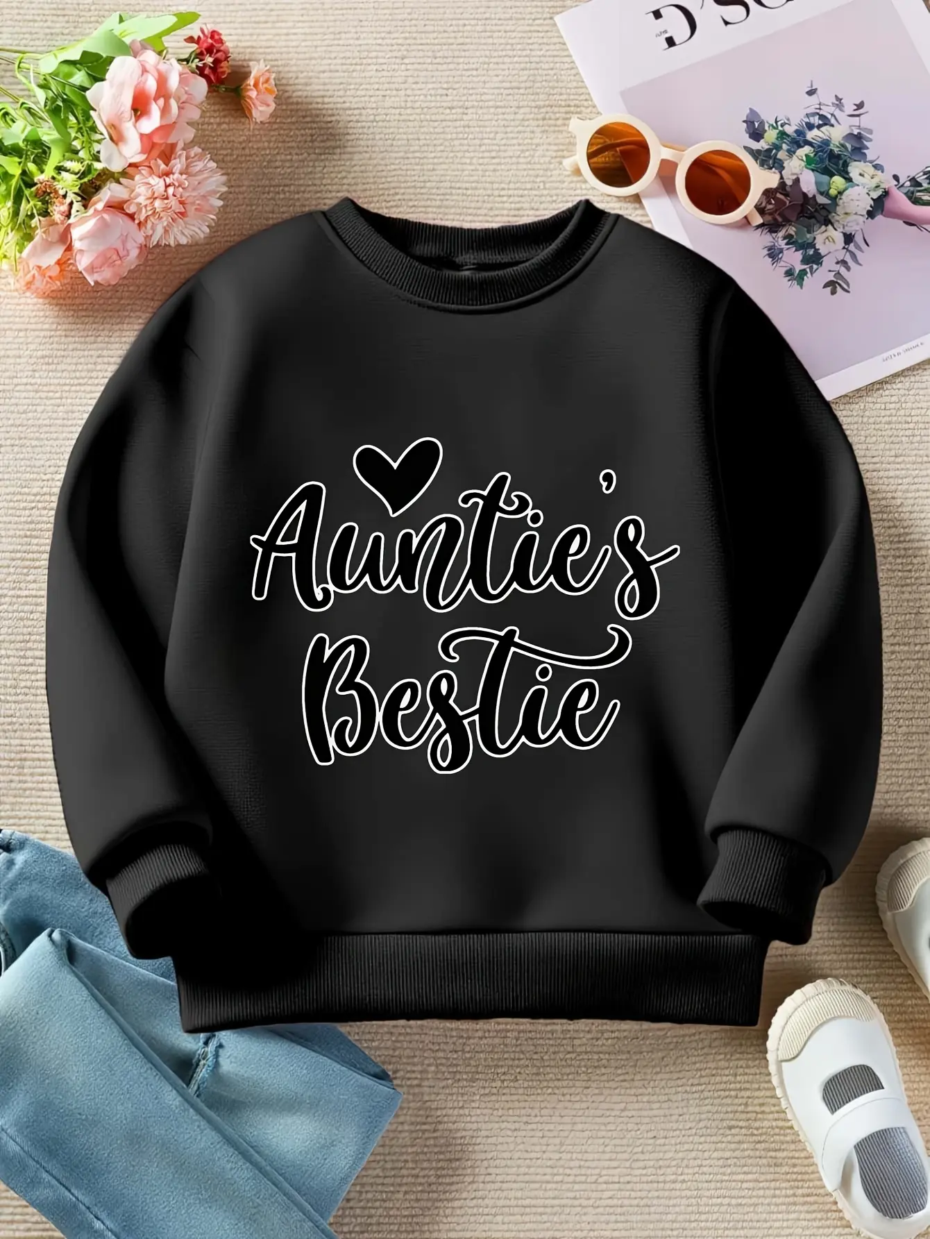 Kids' Cotton Letter Print Long-Sleeve Fitted Round-Neck Sweatshirt - Customizable Name Pullover, Cute Family Set for Nieces, Ideal Family Gift