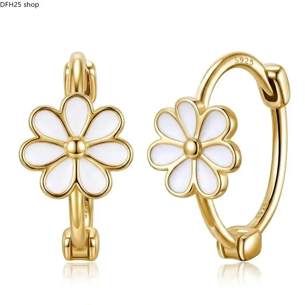 Exquisite Small Daisy Flower Hoop Earrings for Women - Genuine S925 Sterling Silver, 18K Gold Plated, Hypoallergenic White Enamel, Small Hinge Style (0.6cm Flower, 1.2cm Dia),summerwins