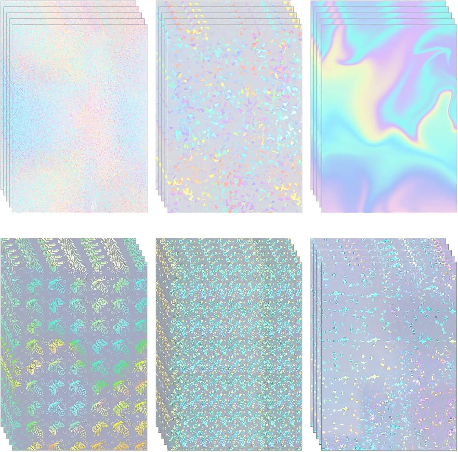 30 count 6 Styles Holographic Laminate Sheets Transparent Holographic Overlay Paper Vinyl Overlay Clear Adhesive Laminated Film Glossy Craft Sheet for Stickers, A4 Size, 8.3 x 11.7 Inches