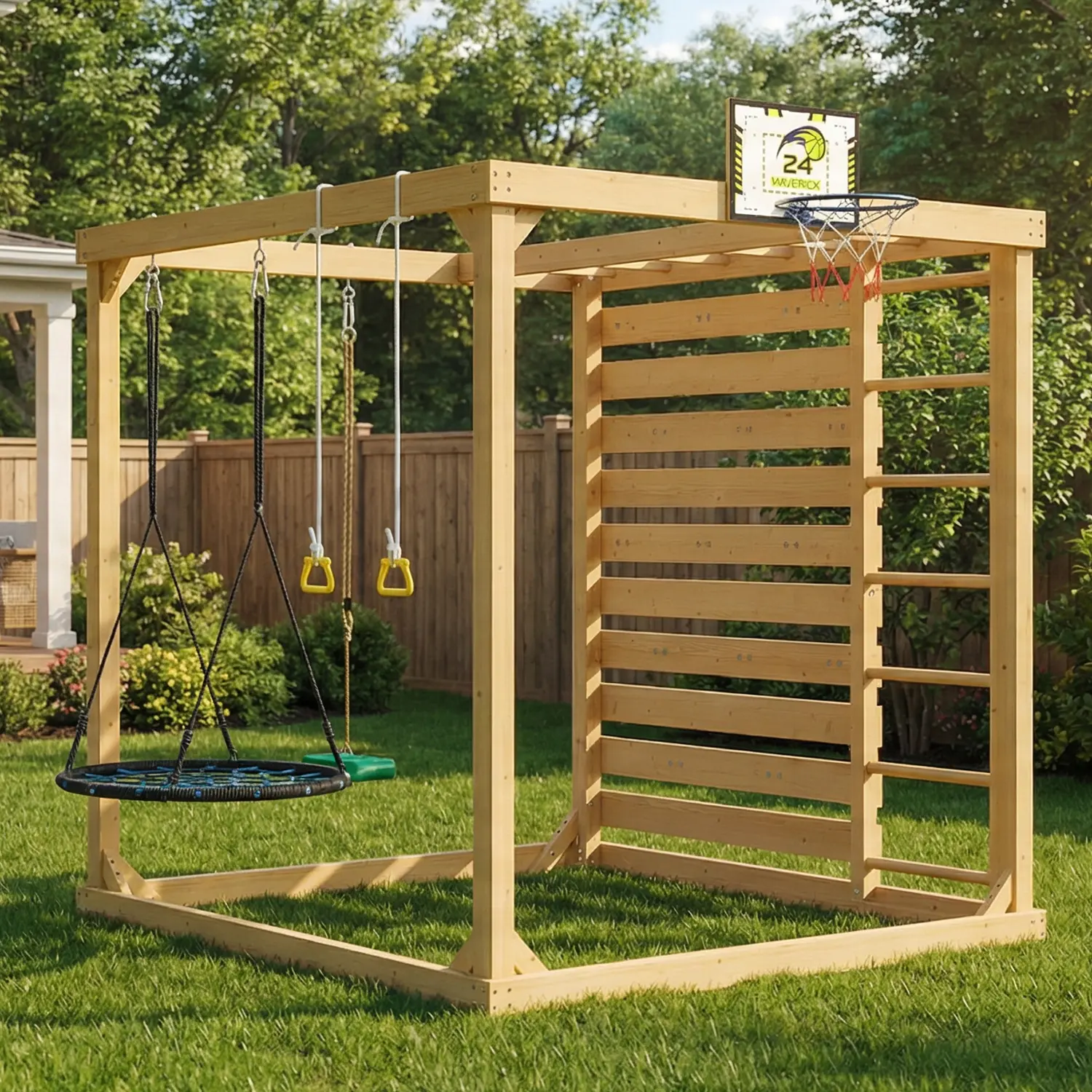 FUFU&GAGA All-in-One Backyard Kids Activity Cube Playset, Weather Resistant Cedar Wood Play Tower with Swings, Climbing Wall, Ladder & Basketball Game, Outdoor Jungle Gym for 3-10 Years Old