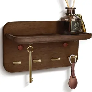 High-End Walnut Key Storage Brass Hooks, Wall-Mounted Entryway Organizer Rack, No Drilling Required, Elegant Home Decor Accessory