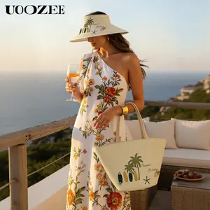 UOOZEE New 2026 Summer Vacation Straw Large-Capacity Tote Bag & Sun Hat Set (2 Pieces), Versatile and Stylish Coconut Tree Print Beach Bag with Wide Brim Hat, Boho Outfits, Casual Wear