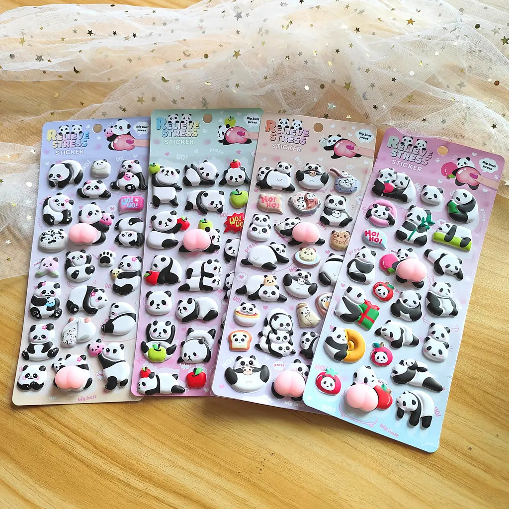 4-Piece Cute Panda Stress Relief Stickers - 3D Embossed Decor for Planners, Kids’ Crafts & Gift Embellishment