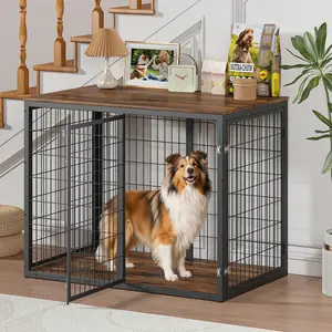 48" Dog Crate Furniture for Medium Large Dogs, Indestructible Large Dog Kennel Indoor with 3 Doors, Wooden Dog Cage Side End Table, Heavy Duty XL Dog Crate