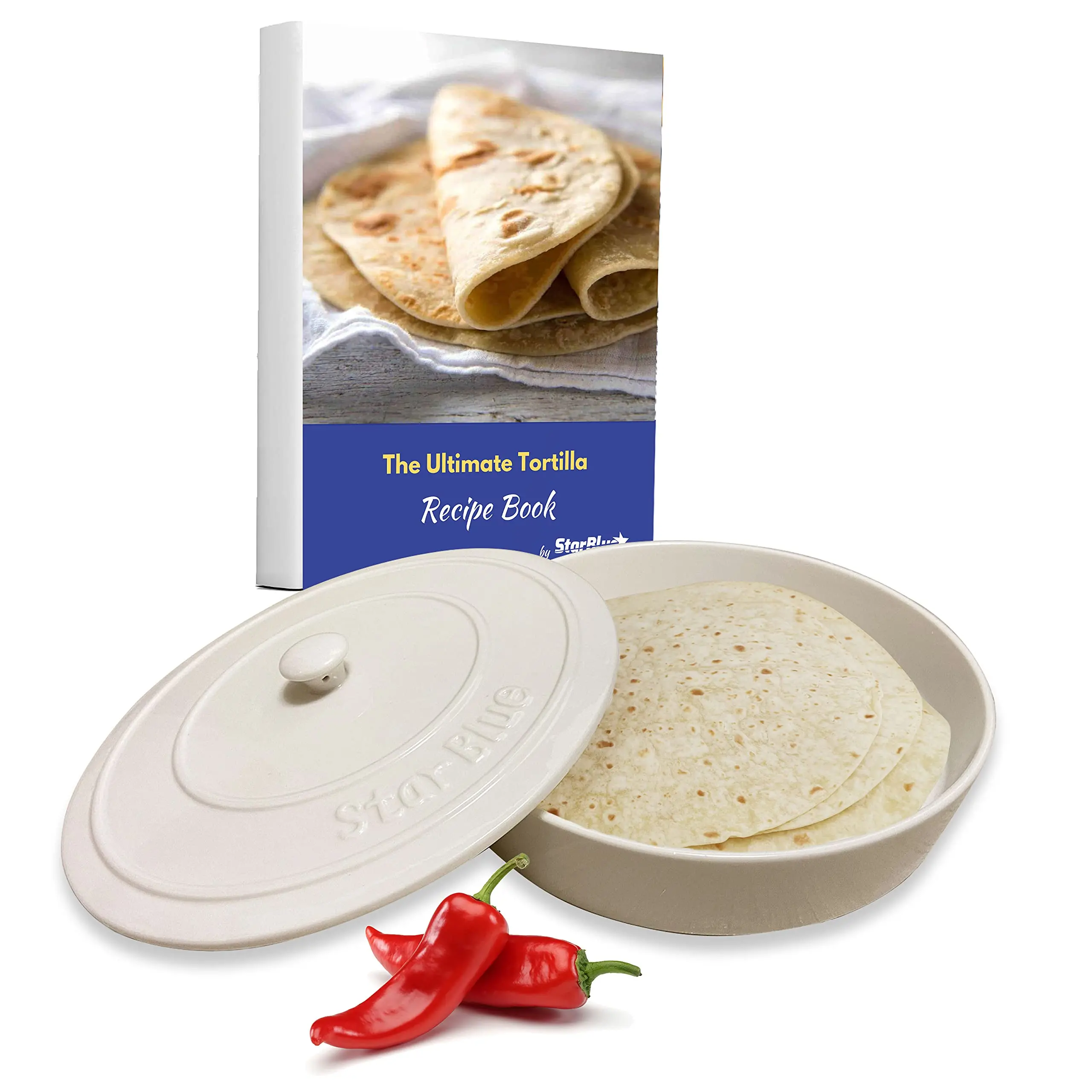 StarBlue Insulated Ceramic Tortilla Warmer Bowl with Lid - 24-Tortilla Capacity, Oven-Safe, Dishwasher-Safe, Ceramics Tableware, Thermal Serving Bowls, Specialty Kitchen Utensil, Heat-Retaining, Includes Free Recipes Ebook, Ideal Gift Option