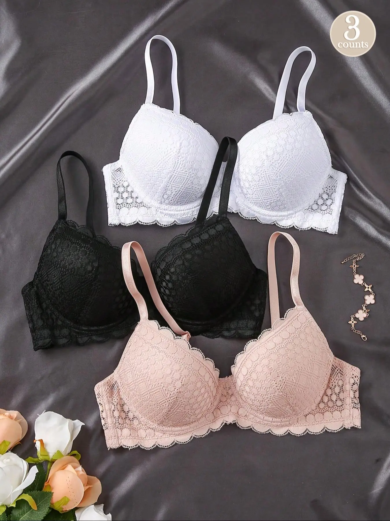Women's Solid Color Lace Bra, Comfortable Breathable Underwire Bras, Soft Comfy Lingerie for Daily Wear, Underwear