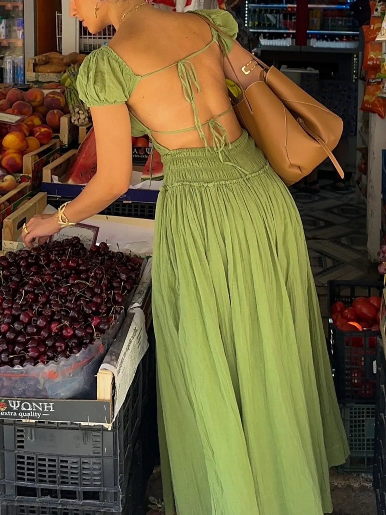 Women Sexy Backless Holiday Wear Maxi Dress Solid Tie Vacation Beach Wear Puff Sleeve Short Chic Summer Dress Womenswear Garment