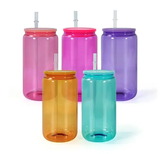 16oz color glass tumblers 5-pack, 16 oz jelly glass can tumblers, Glass Cups, high quality Borosilicate glass, Lid, box & Straw included, sublimation, uvdtf, Drinkware, Water Bottles, glass Mug