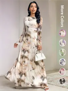 Elegant Women's Tie-Dye Print Long Sleeve Round Neck Maxi Dress, Party Wear Formal Gown, Ladies Fashionable Chic Evening Dresses