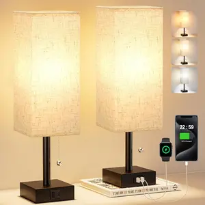 Bedside Lamps for Bedroom Set of 2 Small Rectangular Nightstand Lamp with USB A C Charging Port 3 Color Temperatures Desk Light Indoor Lighting