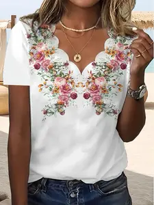【Plus Size】 Floral Print V Neck Tee, Plus Elegant Casual Short Sleeve T-shirt for Summer, Women's Plus Clothing for Daily Wear, Top
