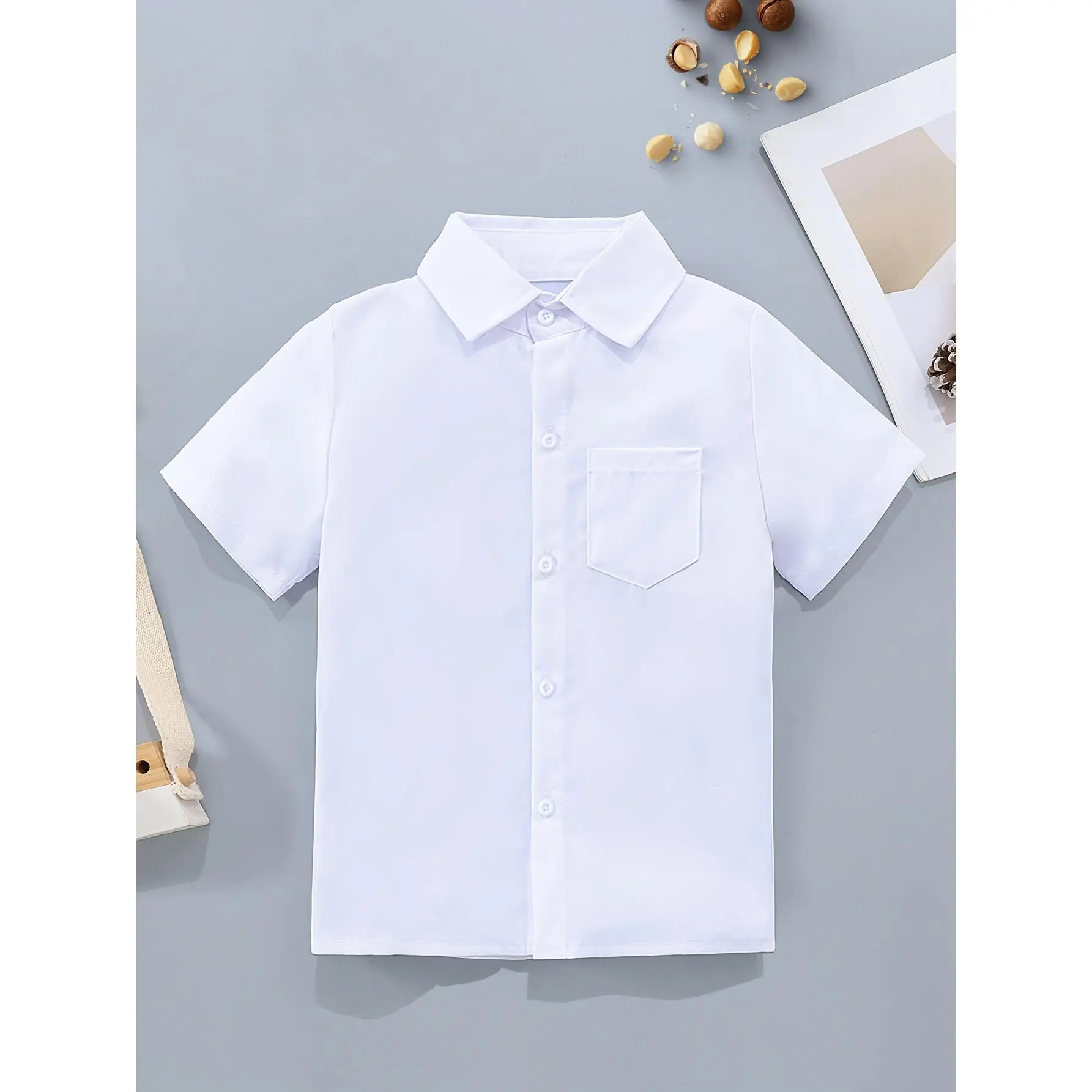 Girls' Casual Solid Polyester Shirt, Short Sleeve Blouse with a Lapel Collar and Pocket, Machine Washable for Back to School, Back To School Haul, 100% Polyester, Blouse/Shirt, 11-12Y, Plain, Woven