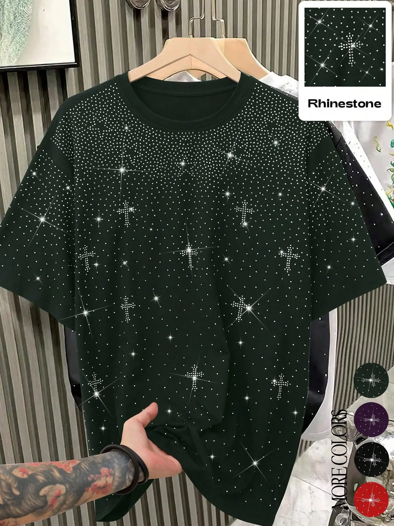 Unisex design featuring water-crystal-embellished cross-shaped pattern on a Fitted Crewneck T-shirt, Short, stylish Streetwear top with modern design, perfect for trendy fashion, suitable for everyday casual wear in school or work Summer