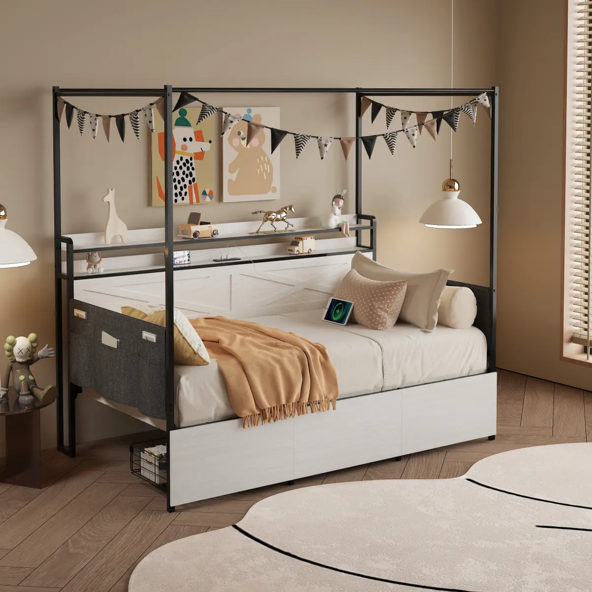 White+Black Metal Twin Canopy Daybed with Storage Drawers, Storage Headboard, LED Lights & USB Ports, Bedroom Furniture Bed Frame for Living Room Bedroom