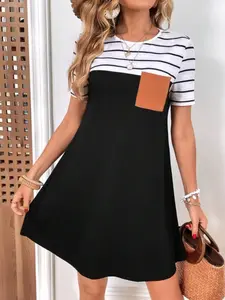 Summer Casual Round Neck Short Sleeve Striped Dress, Women's Fashionable Summer, Comfortable and Stylish, Perfect for Daily Wear