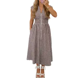 Asvivid Women's Plaid Print Full Zipper Cinched Waist Fit Flare Sleeveless Maxi Dress Casual Summer Dresses Womenswear