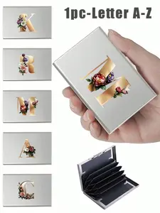 Men's RFID Blocking Wallet, Silver Color Card Holder with Flower Accents, Ultra-Thin Aluminum Money Bag, A-Z Letter Print