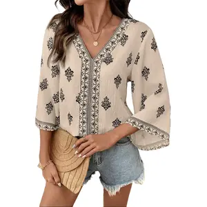 Shewin Women's V-Neck Boho Border Print Viscose Fabric Blouse - Lightweight, Minimalist, Essential Flare 3/4 Sleeve Loose Casual Top for Daily Outings DealsForYouDays