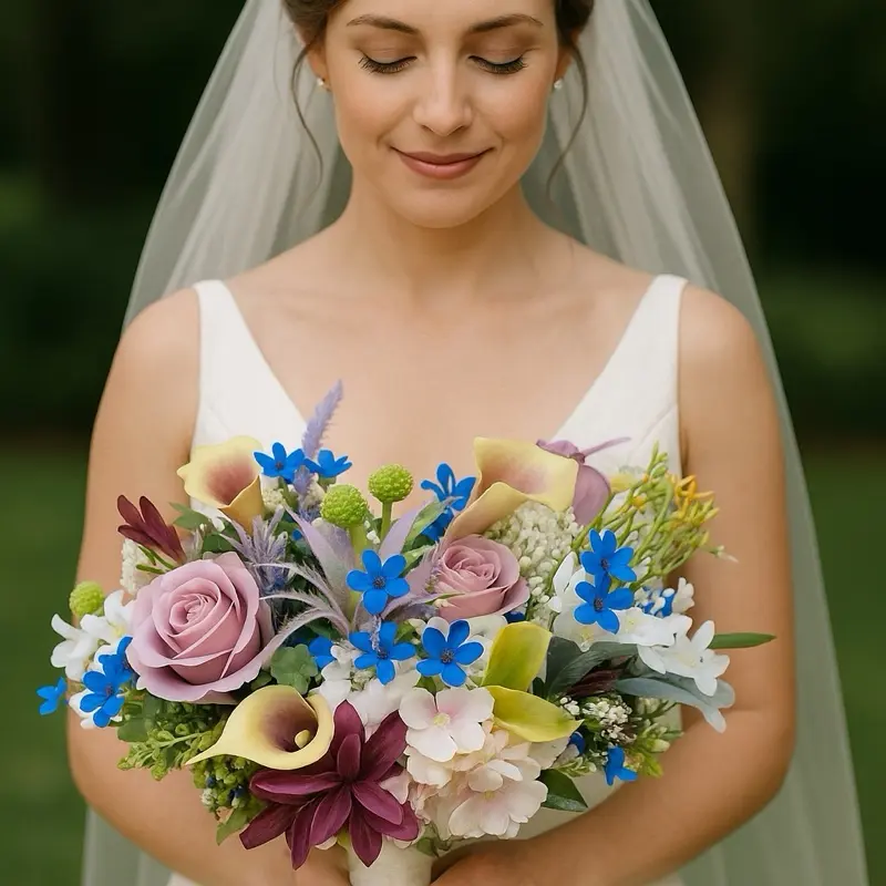 Garden-Inspired Faux Bridal Bouquet – Blue Hydrangeas, Purple Ranunculus & Cream Roses – Whimsical Wedding Flowers