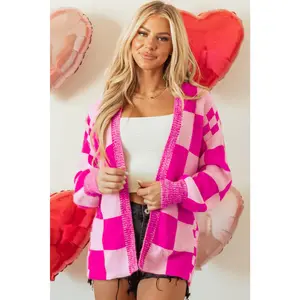 Rose Red Checkered Printed Ribbed Trim Open Front Cardigan