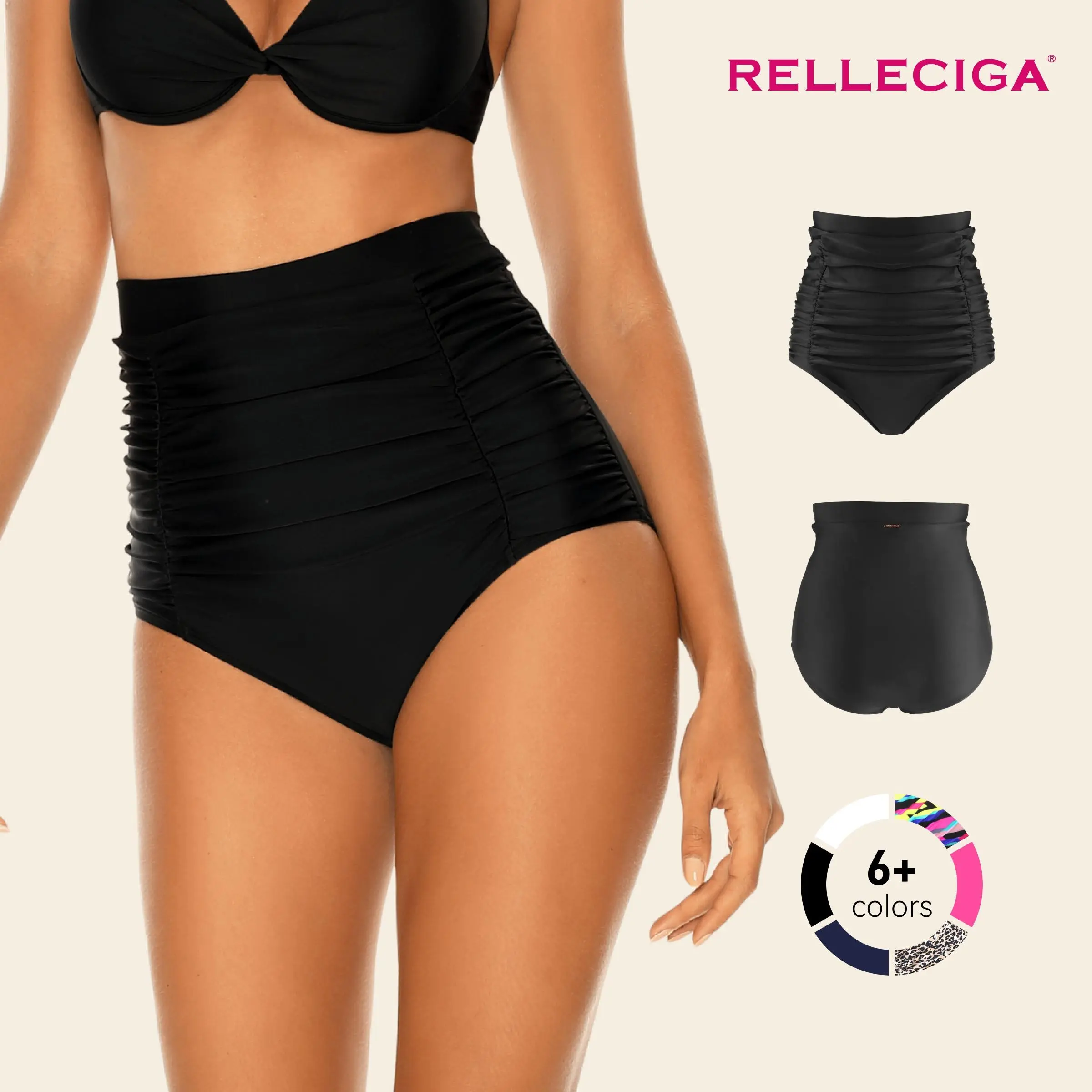 Back To School RELLECIGA Women's High-Waisted Polyamide Bikini Bottom, Tummy Control, Ruched, Full Coverage Swim Bottom for Sports & Outdoor Use, Ruched Bikini Bottoms