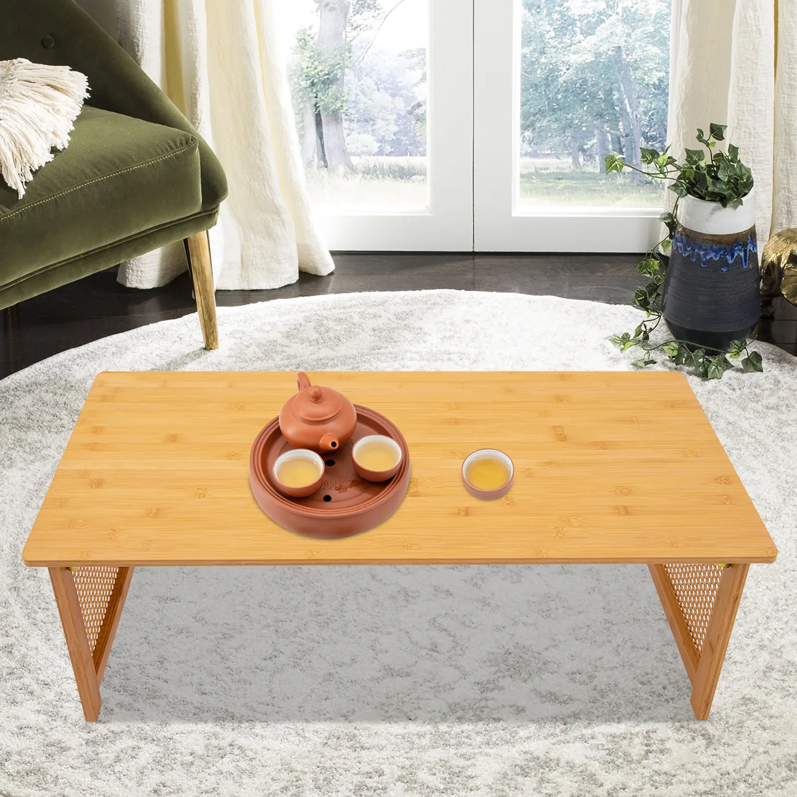 1* Foldable Bamboo Plastic Free Standing Rectangle Coffee Table - 100*48*35cm, 70kg Load Capacity, Space-Saving Indoor Furniture, Slim Ultra-Portable Convertible Table for Living Rooms, Balconies, Office, Bedrooms