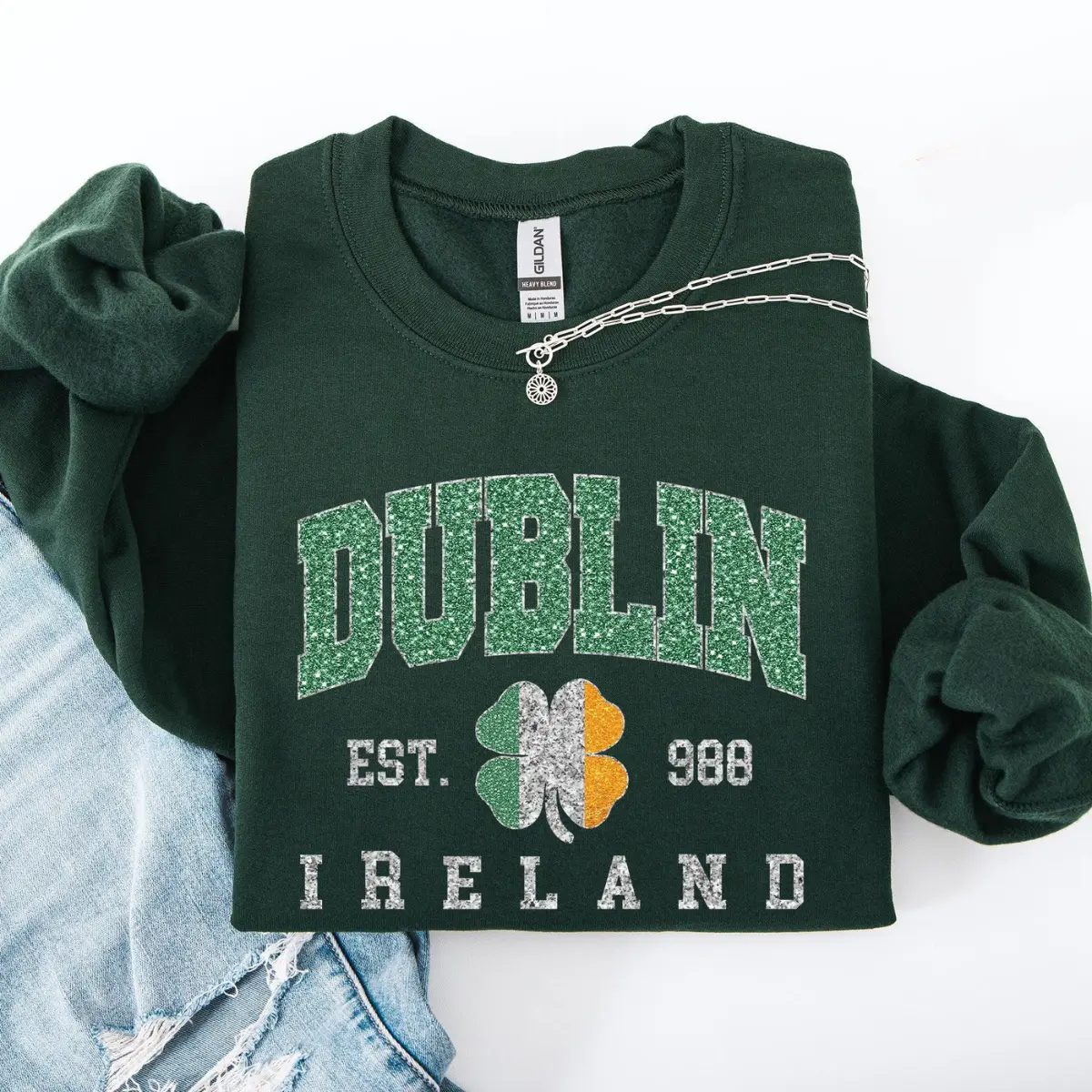 Double Heart Shamrock Sweatshirt – St. Patrick's Day Pocket Print Lucky Clover Crewneck