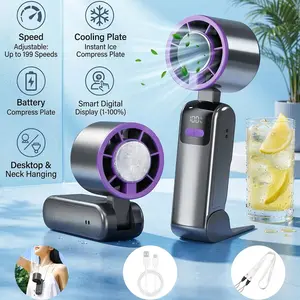 Portable Semiconductor Cooling Fan with Digital Display - 199 Speed Settings Foldable Handheld & Desktop Mini Fan, USB Rechargeable Ice Cold Air Blower for Outdoor Travel Office Home Use - Rock Gray Color SummerVibes