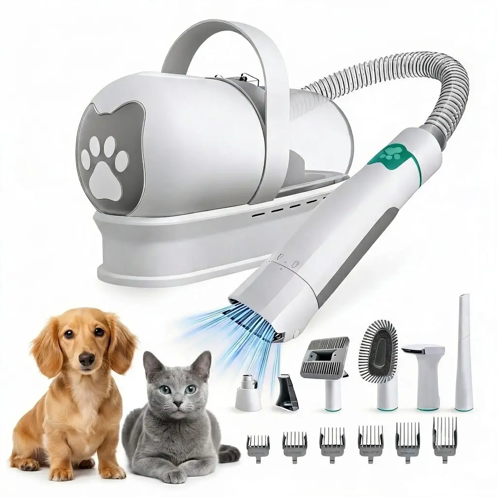 7-in-1 Pet Grooming Kit – Dog Hair Vacuum & Deshedding Brush, Cat & Dog Grooming Mitts, Rollers, Paw Trimmer for Shedding Control