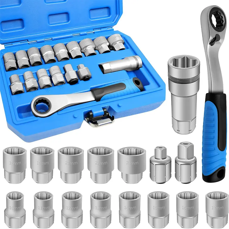 17-Piece Pass Through Ratchet Socket Set,10-24mm Metric 3/8"-1/2" SAE, Thin Wall Hollow Socket for Long Bolt Nut Removal Automotive Repair Hand Tool Kit#summerfinds