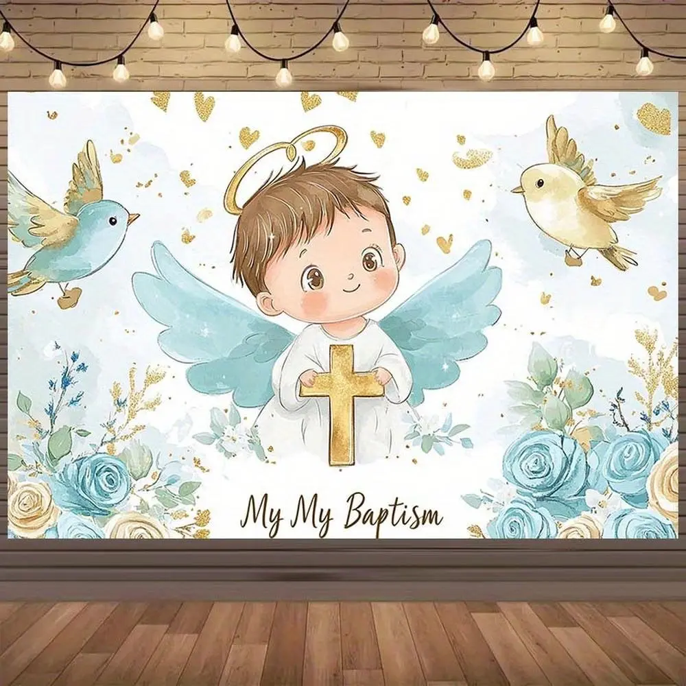 1pc Polyester 2D Flat Baptism Theme Backdrop Cloth - Angel Wings, Blue Birds, Golden Cross, Banners, Ornaments, Multi-Size, Elegant Holy Occasion Home Decor