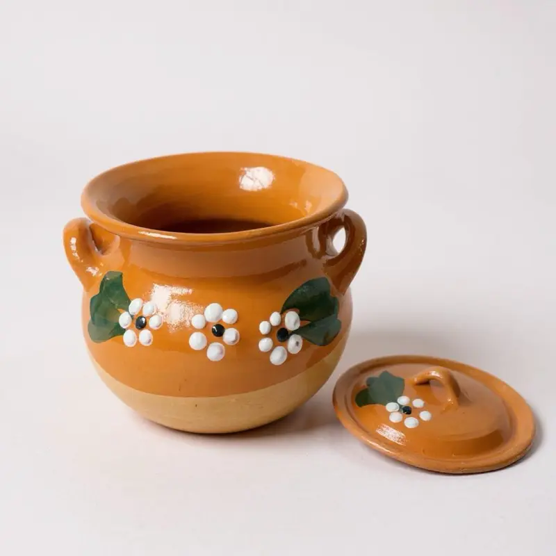 Handcrafted Earthy Mexican Clay Bean Pot with Lid - Food Safe Mexican Kitchenware, Decorated Cazuela, 1.25 gal (10.5"d x 6"w x 6.5"h), Large Traditional Cookware Made In Mexico (Olla C/Flores)