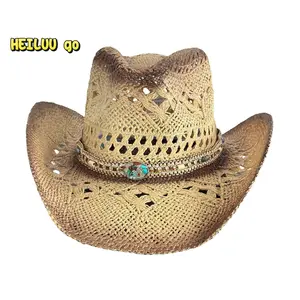Men Women Beach Hat Breathable Western Style Cowgirl Straw Hat Stylish Wide Brim Sun Hat