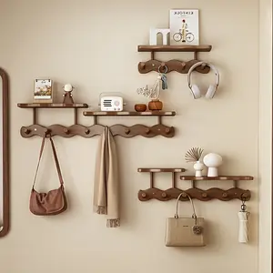 1 Piece Bohemian Style Wooden Piano Key Wall Rack - Wave Shape with 6 Foldable Hooks, Easy to Install Wall-Mounted Coat Hook, Foldable Hanging Storage Rack, Wall Mount Organizer for Bedroom, Entrance, Foyer, Mudroom, Beautiful Room Decoration