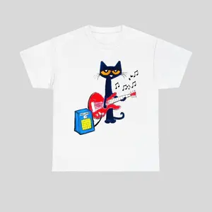 Pete the Cat Playing Guitar T-Shirt, Fun and Versatile Pattern T-Shirt - Unisex Top, Street Party T-Shirt