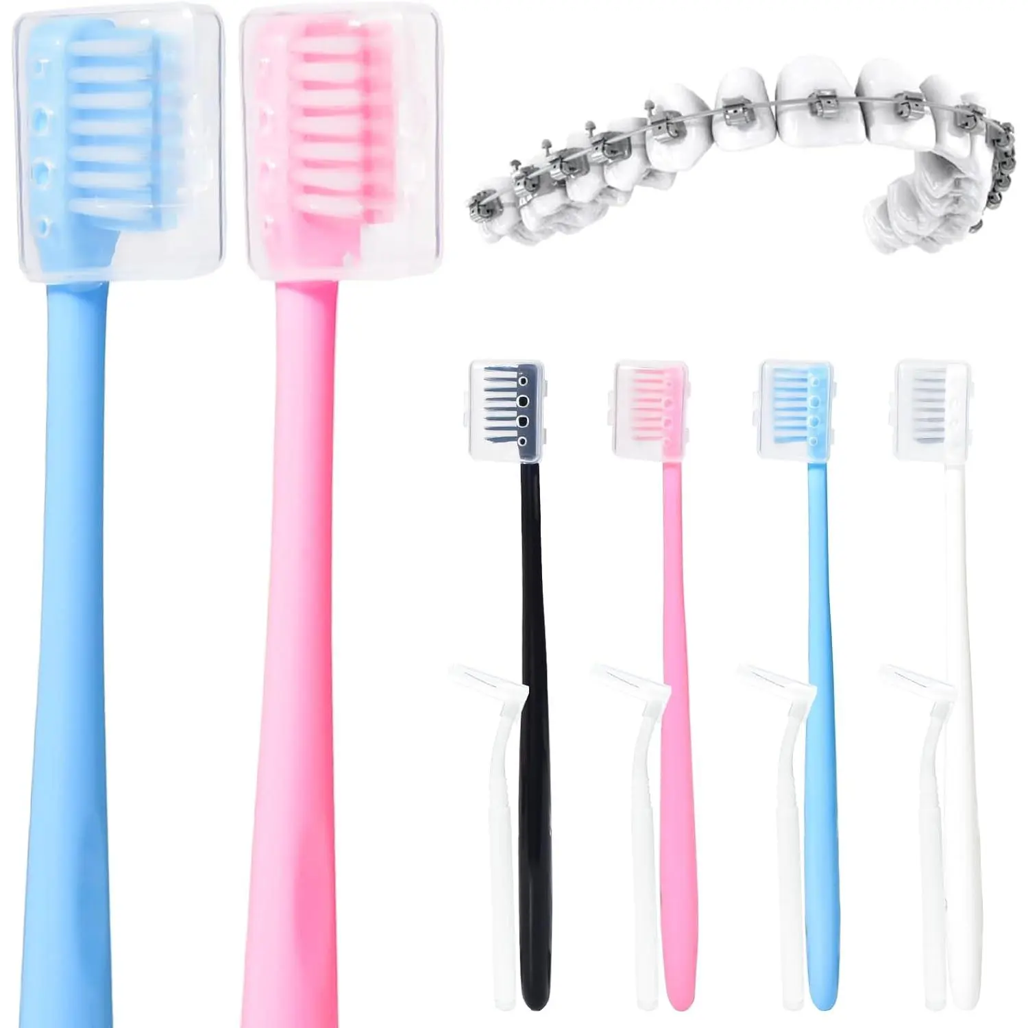 V-Shaped Orthodontic Toothbrushes, 4-Pack Bulk Toothbrushes with Soft Round Bristles for Adults & Friends, Ergonomic Grip Handle with Built-in Interdental Brushes, Oral Care Supplies, Interdentalbrushes, Set, Daily