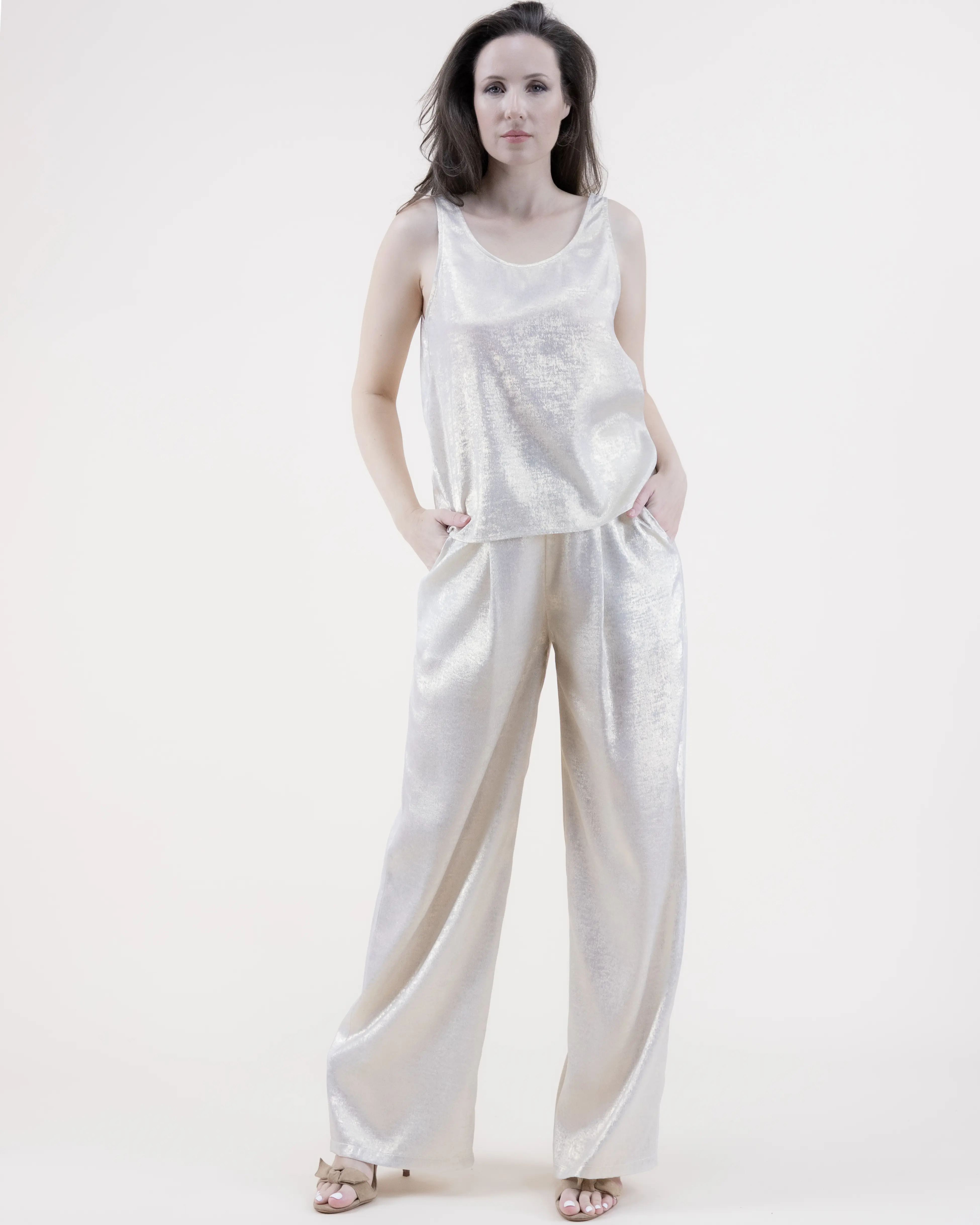 Two-Piece Set Metallic Tank Top & Front Pleated Wide Leg Pants Set Suits Gold Womenswear Clothes