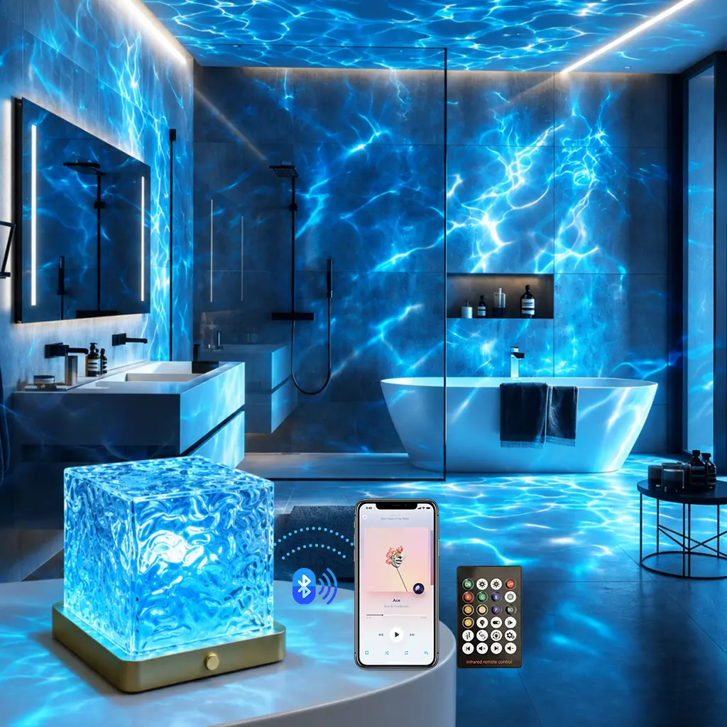 Super Upgraded 16- Colors Water Ripple Projector Lamp with Bluetooth Speaker Music Sync Rechargeable Ocean Wave Ambient Light Remote Night Light Aesthetic Room Decor home light projector galaxy