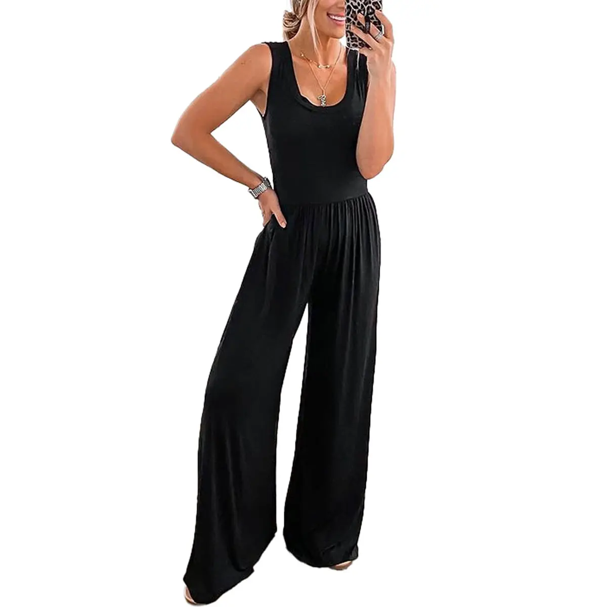 PrettyGarden Women’s Summer Sleeveless Tank Jumpsuits High Waist Low Cut Casual Scoop Neck Fit And Flare Long Pants Rompers