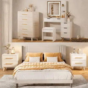 Gizoon Bedroom Furniture Set - Includes Queen Bed Frame, Nightstands Set of 2, 5-Drawer Dresser & Vanity Desk - Modern Storage Solution for Stylish Home Decor, Beige/White
