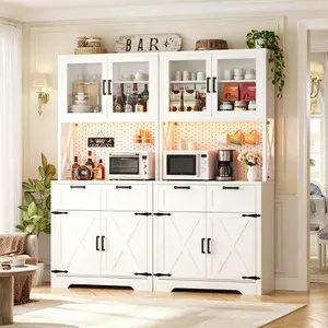 Homieasy 71" Tall Kitchen Pantry Storage Cabinet with LED Light & Outlet, Pantry Cabinet with Microwave Stand, DIY Pegboard, Drawers and Adjustable shelf, Farmhouse Kitchen Hutch for Dining Room, Furniture