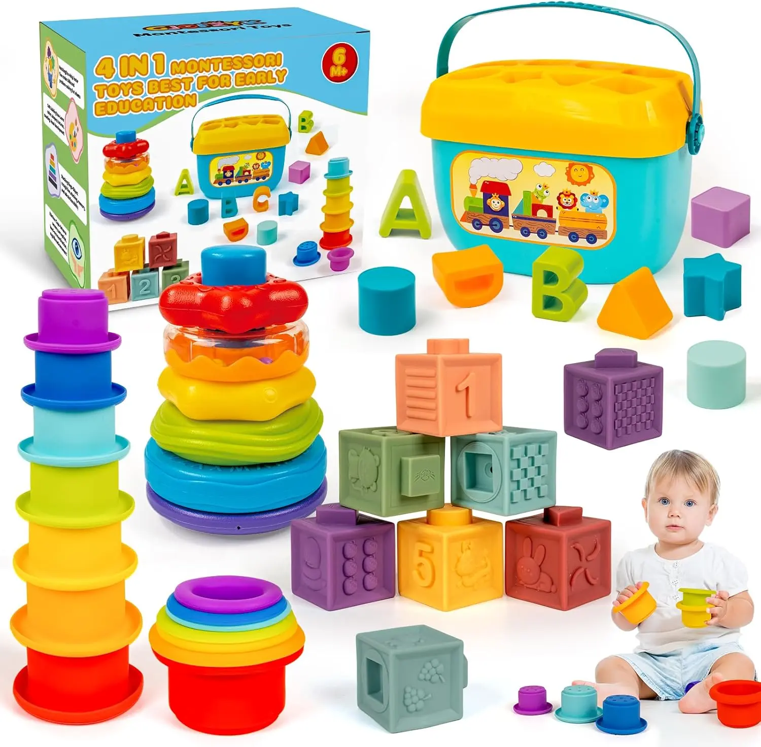 Montessori Sensory Toy Set for Babies, 6-in-1 Toddler Learning Activities Kit with BPA-Free Stacking Blocks, Shape Sorter, Busy Cube, Teether Rings & Bath Spinners, Safe Plastics, Ladybug, Suction Cup, Bee, Geometric, Animal Motifs, Plastic, Unisex Names,