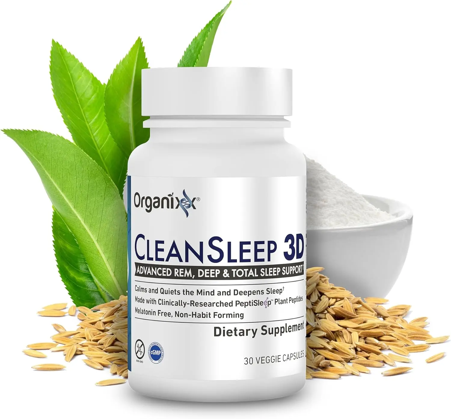 Organixx Clean Sleep 3D, Melatonin Free Sleep Supplement with L Theanine, GABA, and Peptides to Promote Relaxation and Sleep Support, Vegan Formula, Dairy, Soy & Gluten Free, Non GMO, 30 Capsules Nighttime Routine Dietary